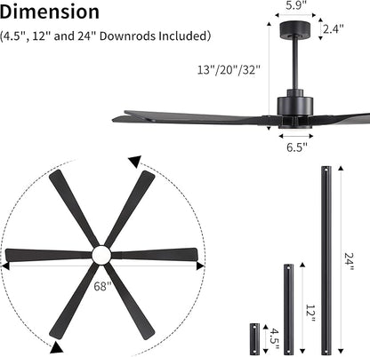 68 Inch Ceiling Fan with Lights and Remote Control, 6 Reversible ABS Blades, 6-Speed Noiseless DC Motor with 4.5" / 12" / 24" Downrods for Bedroom Dining Living Room, Black