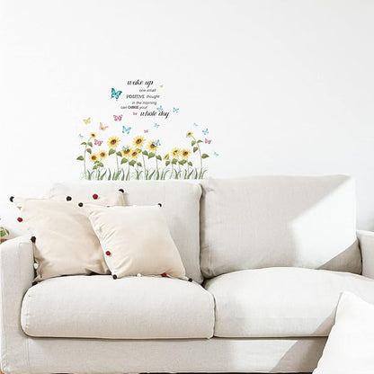 CREATCABIN 4pcs Sunflower Vinyl Wall Decals Butterfly Inspirational Quotes Wall Stickers Self-Adhesive Peel and Stick Watercolor Mural Decoration for Bedroom Living Room Kitchen Wardrobe Door Playroom