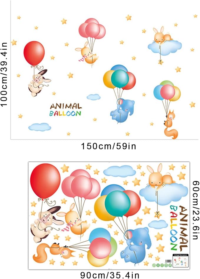 Animals with Balloons Nursery Decor Cute Jungle Animals Safari Balloons Wall Decals Bunny Elephant Fox Peel and Stick Baby Nursery Kids Bedroom Classroom Wall Decor