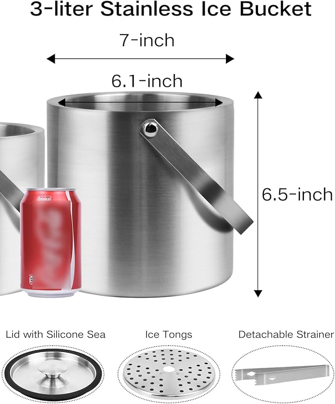 3L Double Wall Ice Bucket with Silicone Lid, Tongs & Strainer, Insulated Ice Buckets for Parties & Cocktail Bar,[Silicone Lid for Longer Ice] Large Wine Bar Bucket Stainless Champagne Chiller
