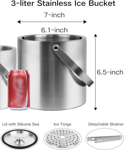 3L Double Wall Ice Bucket with Silicone Lid, Tongs & Strainer, Insulated Ice Buckets for Parties & Cocktail Bar,[Silicone Lid for Longer Ice] Large Wine Bar Bucket Stainless Champagne Chiller