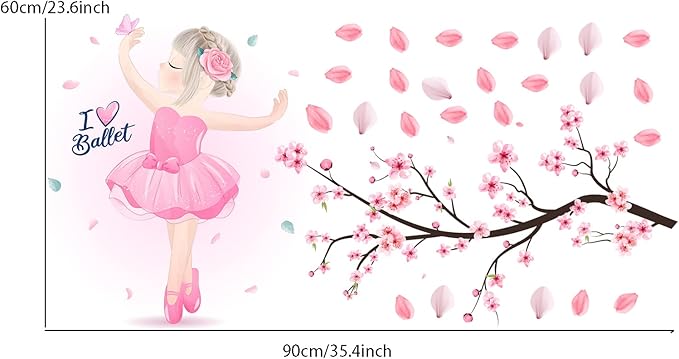 Pink Cherry Blossom Wall Decals, Dancing Ballet Girl Wall Stickers, Flower and Tree Branch Wall Decor, Removable Vinyl Wall Decor Mural Art for Baby Nursery Bedroom & Living Room Sofa TV Backdrop Decoration