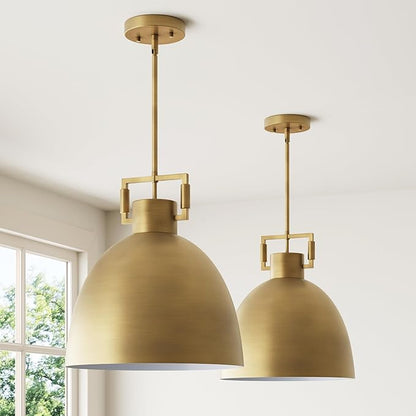Nathan James Leigh Pendant Lighting, Hanging Ceiling Light with Oversized Metal Shade and Adjustable Cord, for Kitchen Island or Entryway, Antiqued Brass