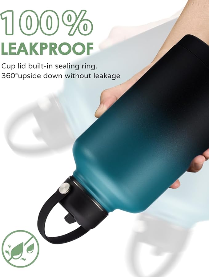 64 oz Water Bottle with Straw - Auto Spout Lids, Paracord Handle, Carrier Bag, Insulated Water Bottle Half Gallon Jug, Keep Cold 48H, Stainless Steel Metal Flask Large Sport Water Bottle Black