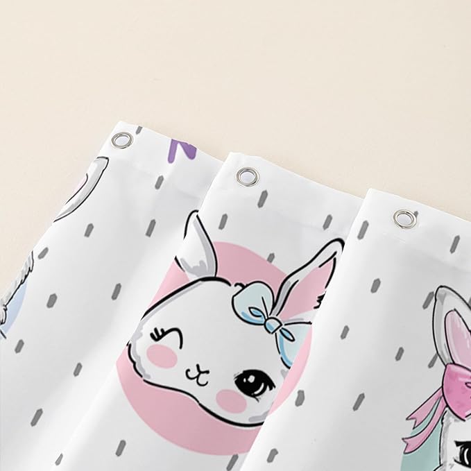 AILONEN Cute Rabbit Shower Curtain, Cartoon Kawaii Bunny Shower Curtain for Bathroom,Modern Minimalist White Waterproof Fabric Shower Curtain Set with Hooks 72" W*78" H