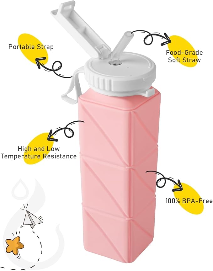 Opard Collapsible Water Bottles 21 Oz - BPA Free, Leak Proof, Foldable Silicone Collapse Water Bottle with Straw, Easy to Compact and Expandable, Travel Essentials Accessories