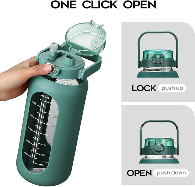 74 oz Glass Water Bolttles with Straw Large Motivational Water Bottle with Time Marker Sports Water Bottles with Silicone Sleeve and Handle Lid 2.2L Water Jug for Gym Workout