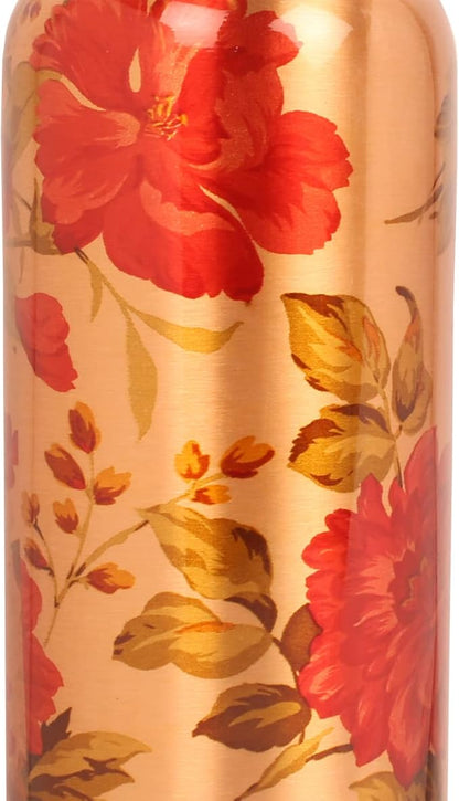 Pure Copper Water Bottle - Handcrafted - Ayurveda health benefits - Large 35 oz - Leak proof, Easy to carry for Sports, Fitness, Yoga, School - Natural Copper Finish Floral Colorful Enamel