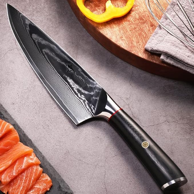 MAD SHARK Ultra Sharp Chef Knife, 8 inch Professional Kitchen Knife, Made of Super Damascus Stainless Steel, Non-stick Blade Chopping Knife with Ergonomic Handle, Finger Guard & Gift Box