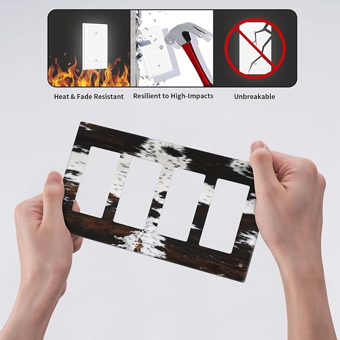 Western Farm Highland Cow Cowhide 4 Gang Rocker Decora Light Switch Cover Decorative Outlet Covers Wall Plate Electrical Faceplate Switchplate GFCI for Farmhouse Bathroom Bedroom Living Room Decor