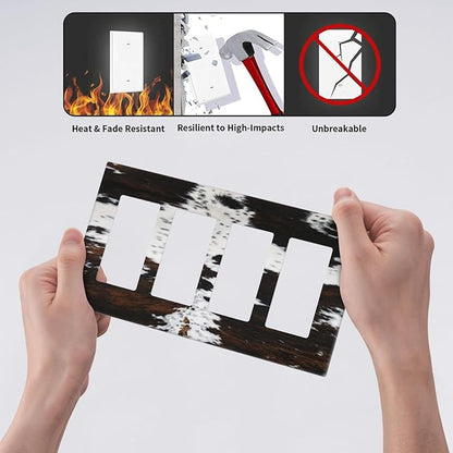 Western Farm Highland Cow Cowhide 4 Gang Rocker Decora Light Switch Cover Decorative Outlet Covers Wall Plate Electrical Faceplate Switchplate GFCI for Farmhouse Bathroom Bedroom Living Room Decor