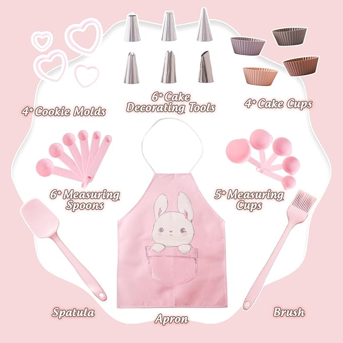 OESSUF Kids Baking Sets for Girls, Cooking Sets 38PCS Real Chef Easy Bake Toddler Montessori Kitchen Tools with Apron, Knife, Cutting Board, Little Girls Dress Up Gift