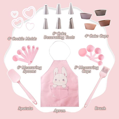 OESSUF Kids Baking Sets for Girls, Cooking Sets 38PCS Real Chef Easy Bake Toddler Montessori Kitchen Tools with Apron, Knife, Cutting Board, Little Girls Dress Up Gift