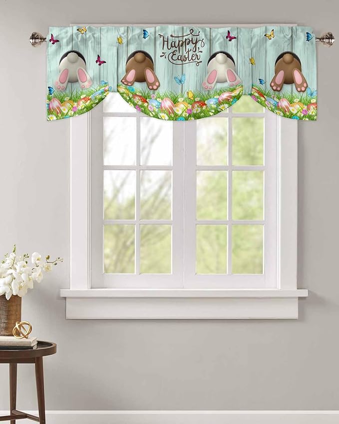 Spring Easter Blackout Tie Up Valance Curtains for Kitchen Windows Funny Bunny Tails Rabbit Window Toppers Balloon Shades for Living Room/Bathroom/Bedroom,1 Panel, 60" X 18",Floral Farmhouse