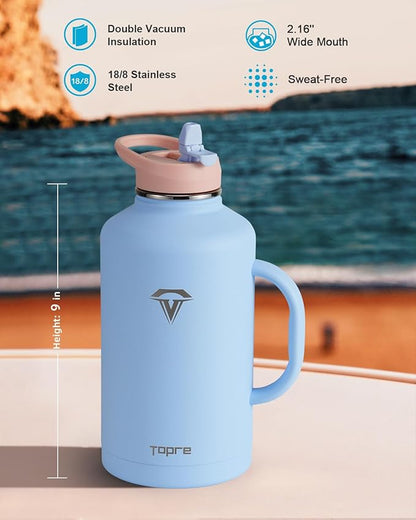 64 oz Insulated Water Bottle with Straw and Lid, Half Gallon Stainless Steel Cup with Handle,Leakproof Metal Travel Jug Flask Mug Tumbler Cup With Carry Pouch and Brush,Keep Cold & Hot,Blue
