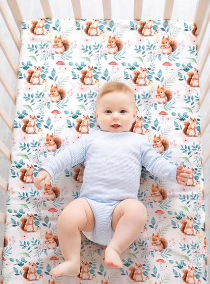 4 Pack Woodland Forest Animals Wood Neutral Unisex Fitted Baby Crib Sheets Set for Baby Boys or Girls (Cartoon Fox, 52 * 28)