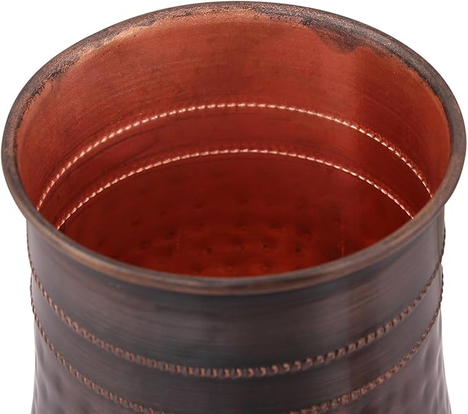 AAYUVEDA® Pure Copper Hammered Antique Bedroom Water Bottle 34oz, with In-Built Glass (Loose Lid, Pack of 1)