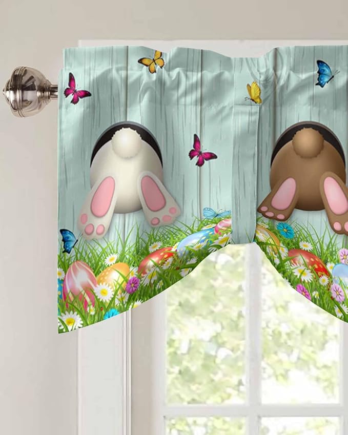 Spring Easter Blackout Tie Up Valance Curtains for Kitchen Windows Funny Bunny Tails Rabbit Window Toppers Balloon Shades for Living Room/Bathroom/Bedroom,1 Panel, 60" X 18",Floral Farmhouse