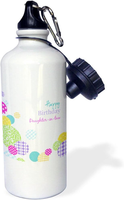 3dRose Happy Birthday Daughter-in-Law-Modern Colorful dots Pattern on White Sports Water Bottle, 21 oz, Multicolored