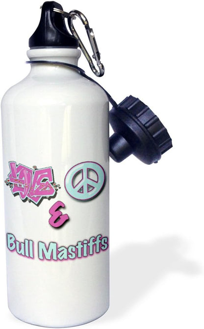 3dRose "Love Peace And Bull Mastiffs In Blue And Purple" Sports Water Bottle, 21 oz, White