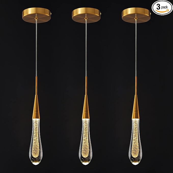 LMQNINE Kitchen Light Fixtures Ceiling Dimmable LED Modern Gold Pendant Light Mini Teardrop Crystal Pendant Light for Kitchen Island Bedroom Hallway Entryway (3-Pack) (020-3)