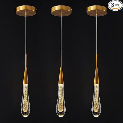 LMQNINE Kitchen Light Fixtures Ceiling Dimmable LED Modern Gold Pendant Light Mini Teardrop Crystal Pendant Light for Kitchen Island Bedroom Hallway Entryway (3-Pack) (020-3)