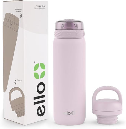 Ello Cooper 22oz Stainless Steel Water Bottle with 2 Lids Chug and Straw | Leak Proof Double Walled and Vacuum Insulated | Fits Car Cupholder | Built in Carry Loop | Dishwasher Safe | Cashmere Pink