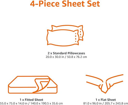 Amazon Basics Kid's Soft Easy-Wash Lightweight Microfiber 4-Piece Sheet Set, Solid, Full, Bright Orange