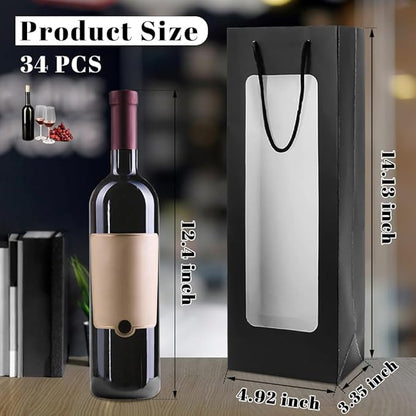 ALMOXVYE 34 Pack Wine Gift Bags with Handles, 14.2 x 4.9 x 3.4 Inch Paper Wine Bottle Bags with Clear Window, Black Wine Bags Bulk for Christmas Wedding Birthday Anniversary