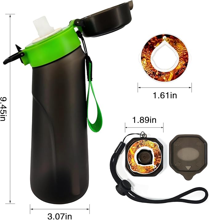 Air Water Bottle with Flavor Pods, 750ML Scent Water Cup with Flavor Pods Box，0% Sugar Fragrance Water Bottle Suitable for Outdoor Sports (Blackgreen+1pods)