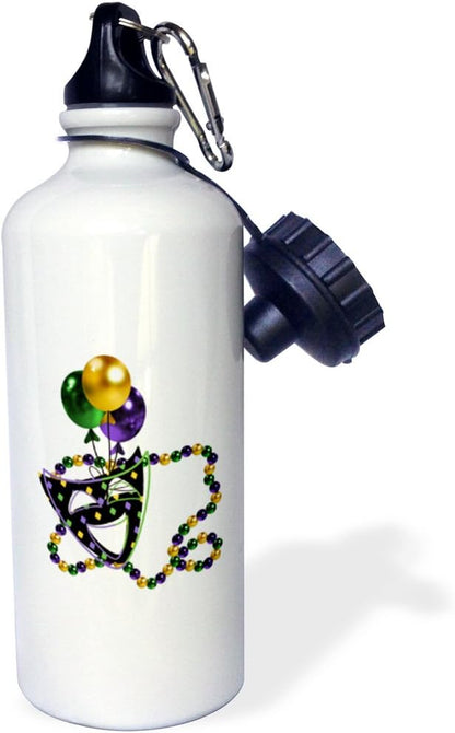 3dRose Mardi Gras Mask and Beads-Sports Water Bottle, 21 oz, White