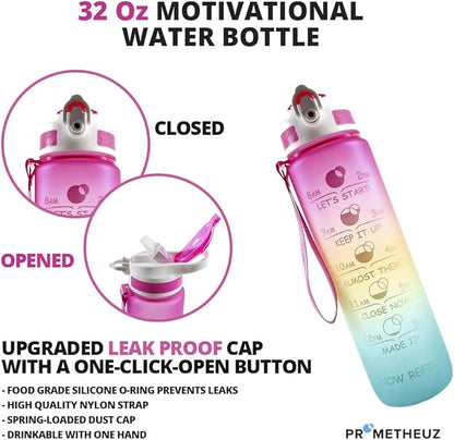 PROMETHEUZ Sports Water Intake Reminder Bottle with Time Marker and Straw, Leakproof Tritan BPA-Free, Fast Flow, Pink Yellow Mint, 32 oz
