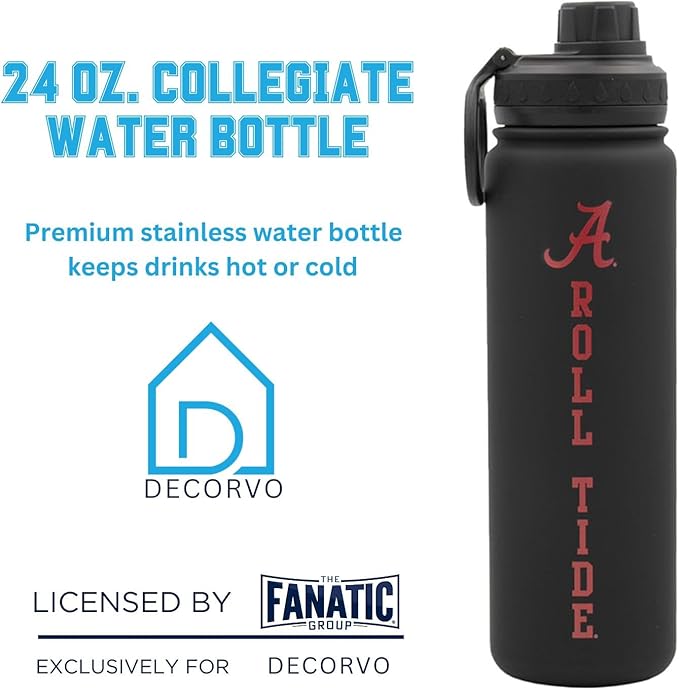 Alabama Roll Tide Water Bottle - Black Double Walled Stainless Steel 24 oz Keeps Drinks Cold or Hot