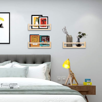 Nursery Floating Shelves for Kids Room, Set of 3 Wall Book Shelves for Kitchen Living Room, Book Shelf Wall Mounted for Baby Kids Bedoom Bathroom (nature, 16inch set 3)