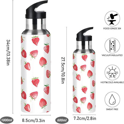 ALAZA Watercolor Strawberries Fruits Water Bottle With Straw Lids Boys Girls,Vacuum Insulated Leakproof Stainless-Steel Sports Bottle Thermal Flask For Gym Yoga Camping,20Oz (600Ml)
