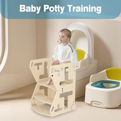 Toddler Step Stool, Potty Training Seat, 2 in-1 Toddler Learning Tower, Folding Adjustable Height Platform Toddler Step Stool with Handles and Wheels, Wooden Convertible Kids Table and Stool Set