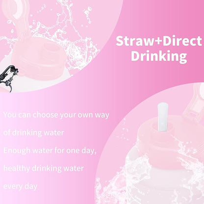 Collapsible 64oz Water Bottle with Handle & Straw - Spill-Proof Foldable Silicone Bottle for Men/Women (Pink, 2L)