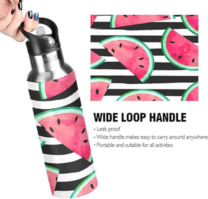 xigua Watercolor Watermelon Slices Stainless Steel Water Bottle with Straw, BPA Free Reusable Leakproof Water Jug for Fitness Camping Outdoor Sports