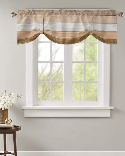 Farmhouse Summer Blackout Tie Up Valance Curtains for Kitchen Windows,Brown Beach Fall Window Toppers Balloon Shades for Living Room/Bathroom/Bedroom,1 Panel,54" X 18" Rustic Barn Wood Texture