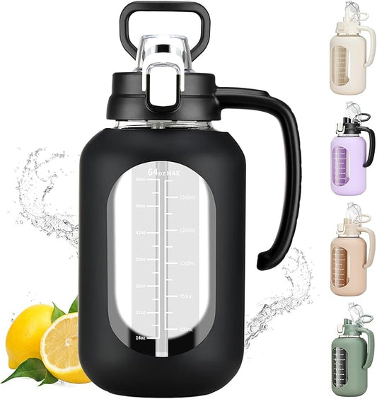 64 oz Glass Water Bolttles Half Gallon Large Motivational Water Bottle with Time Marker Sports Water Bottles with Silicone Sleeve and Handle Lid Water Jug for Gym Workout-1 Pack