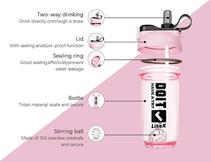 Litex Shaker Bottles for Protein Shakes, 26oz Blender Shaker Bottle for Pre-Workout,Shaker Cups with Straw, BPA-free Tritan Mixer Bottles for Protein Powder,with Cup Brush and Instructions (Pink)
