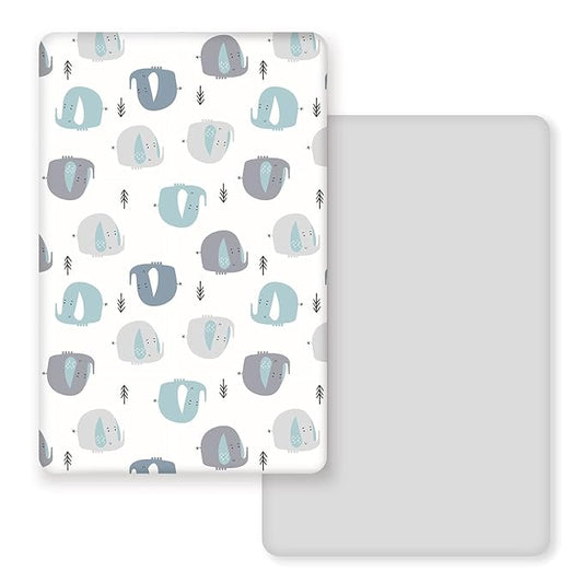 GRSSDER Stretchy Ultra Soft Jersey Knit Fitted Pack n Play Sheets Set 2 Pack, Portable/Mini Cribs Playards Sheets with Deep Pocket, Cute Elephant for Girls and Boys