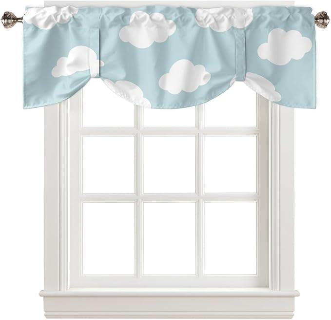 Kids Blackout Tie Up Valance Curtains for Kitchen Windows Blue White Cloud Cartoon Window Toppers Balloon Shades for Living Room/Bathroom/Bedroom,1 Panel,42" X 18"