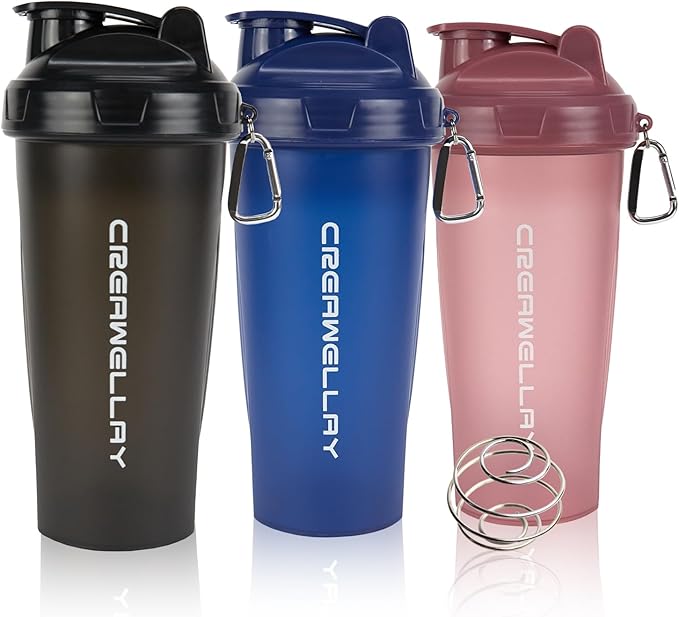 3 Pack Protein Shaker Bottle, 24 oz Protein Shaker Cup with Wire Shaker Ball for Pre Workout, Shake Bottle with Carrying Handle, BPA-Free & Dishwasher Safe (Black, Pink, Blue)