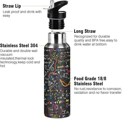 ALAZA Mathematics Education Geometrical Plots Formulas Water Bottle With Straw Lids Boys Girls,Vacuum Insulated Leakproof Stainless-Steel Sports Bottle Thermal Flask For Gym Yoga Camping,20Oz (600Ml)