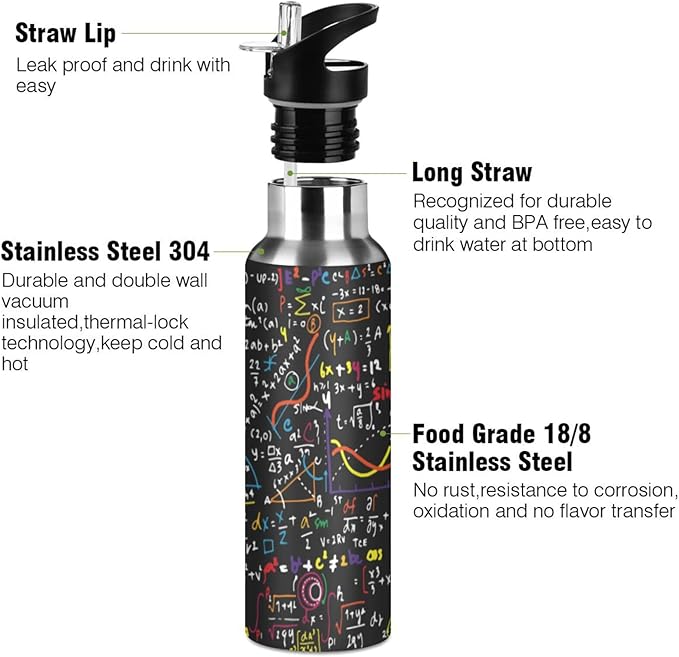 ALAZA Mathematics Education Geometrical Plots Formulas Water Bottle With Straw Lids Boys Girls,Vacuum Insulated Leakproof Stainless-Steel Sports Bottle Thermal Flask For Gym Yoga Camping,34Oz (1000Ml)