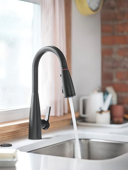 Moen 87627EIBL Haelyn Matte Black Single-Handle Pull-Down Kitchen Faucet with LED Light Colorcue Temperature Indicator and Soap Dispenser
