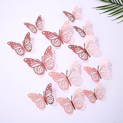 3D Butterfly Wall Decor 48 Pcs 4 Styles 4 Colors 3 Sizes,Gold Silver Laser Rose Butterfly Decorations for Butterfly Birthday Decorations Butterfly Party Decorations Cake Decorations,Removable Sticker