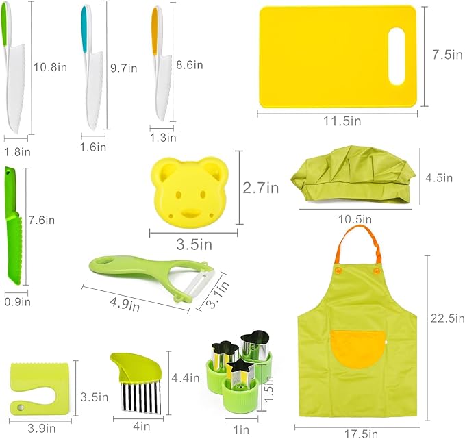 Montessori Kitchen Tools for Toddlers Cooking, Wooden Kids Kitchen Knife Set Include Plastic Toddler Safe Knives, Apron Set, Cutting Board, Sandwich Cutter, Y Peeler, Crinkle Cutter