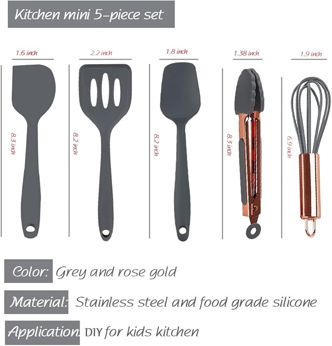 Rose Gold And Grey Mini Kitchen Utensil Small Five-Piece Set Tiny Silicone Kids Kitchen Tools Whisk Spatula Tongs Spoon And Slotted Spatula For Cooking(Kids Baking Supplies) Grey